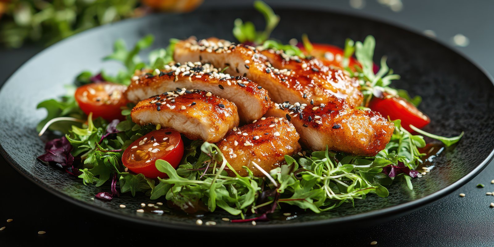 Grilled chicken served on fresh greens with cherry tomatoes and a sprinkle of sesame seeds